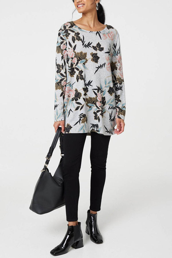 GREY | Floral Boat Neck Long Sleeve Tunic Top