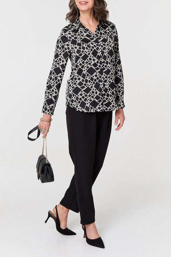 BLACK | Geo Print Long Sleeve Button Front Shirt