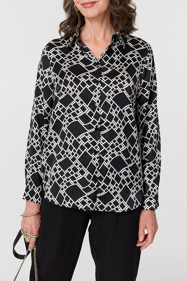 BLACK | Geo Print Long Sleeve Button Front Shirt