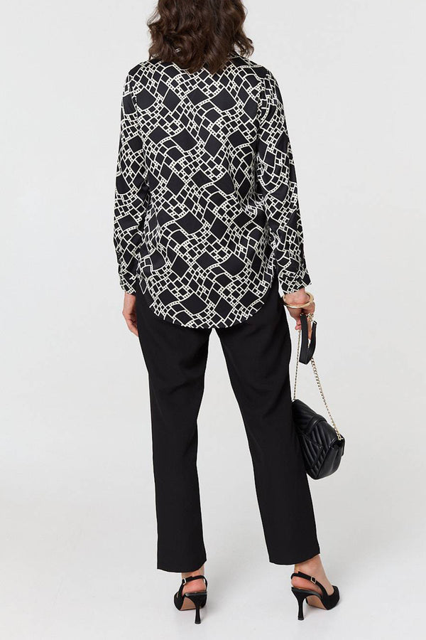 BLACK | Geo Print Long Sleeve Button Front Shirt