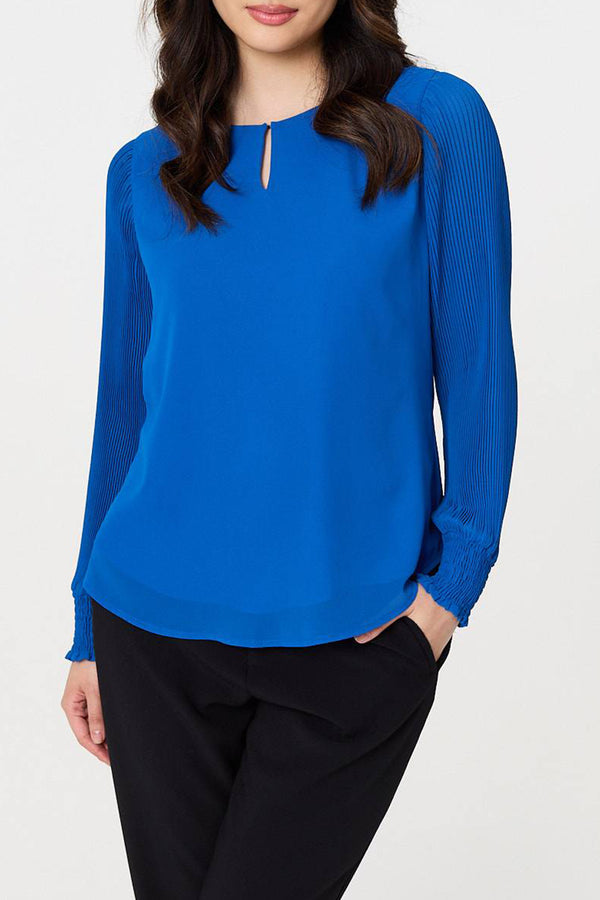 COBALT BLUE | Cut Out Neck Long Sleeve Blouse