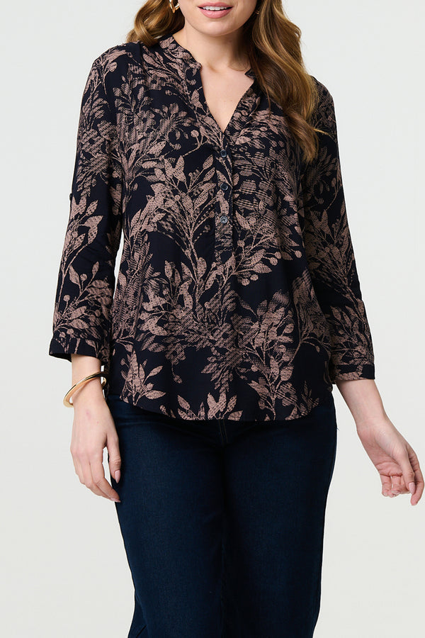 NAVY | Leaf Print Curve Hem 3/4 Sleeve Shirt