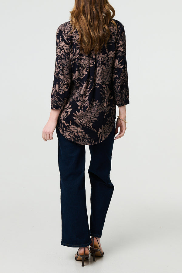 NAVY | Leaf Print Curve Hem 3/4 Sleeve Shirt