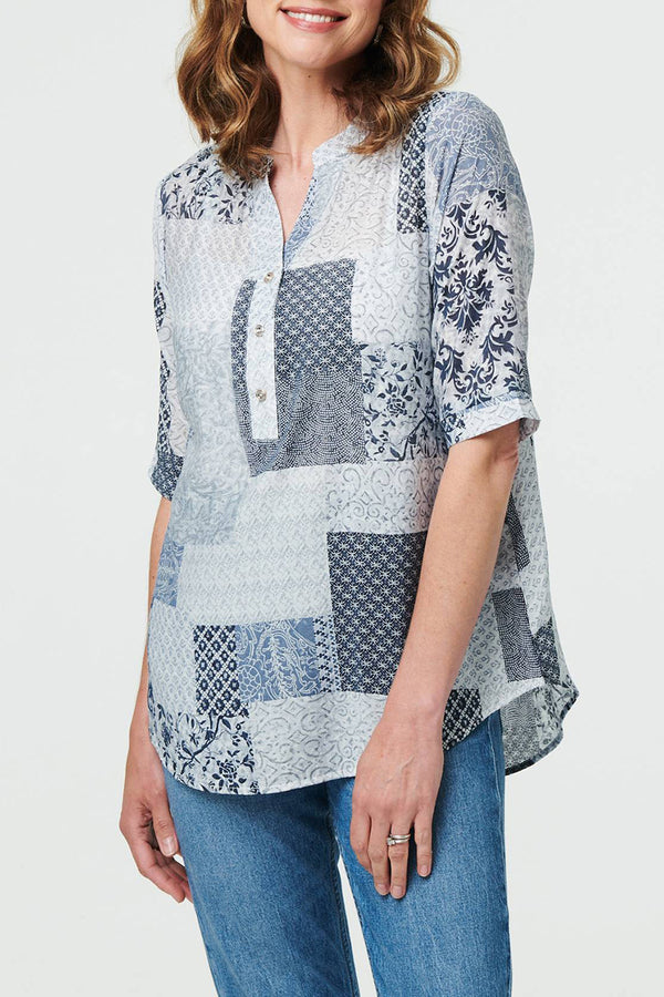 BLUE | Patchwork Print 1/2 Sleeve Tunic Blouse