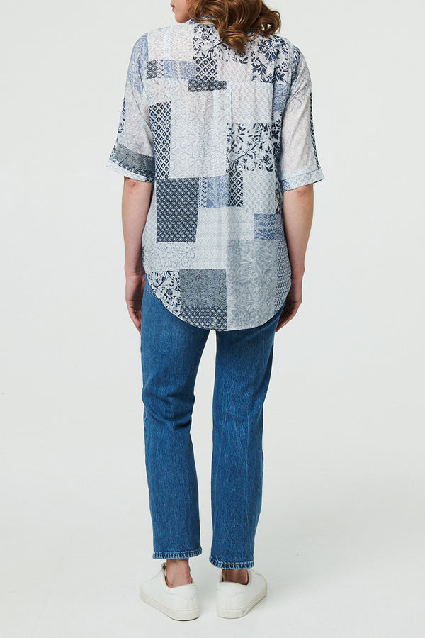 BLUE | Patchwork Print 1/2 Sleeve Tunic Blouse