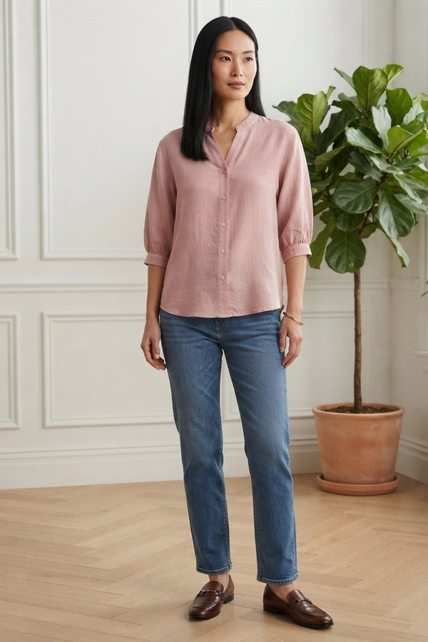 Relaxed 3/4 Sleeve Button Detail Blouse| PINK