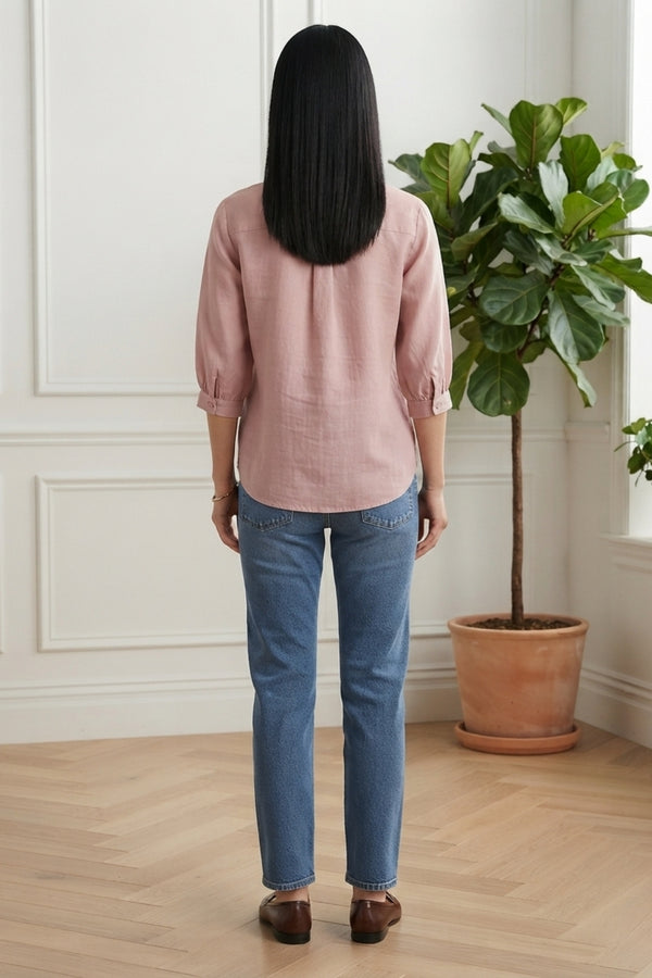 Relaxed 3/4 Sleeve Button Detail Blouse| PINK