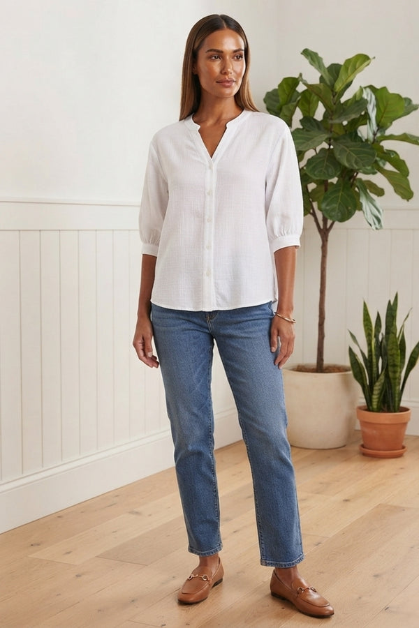 Relaxed 3/4 Sleeve Button Detail Blouse| WHITE