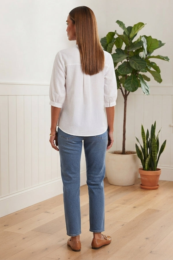 Relaxed 3/4 Sleeve Button Detail Blouse| WHITE
