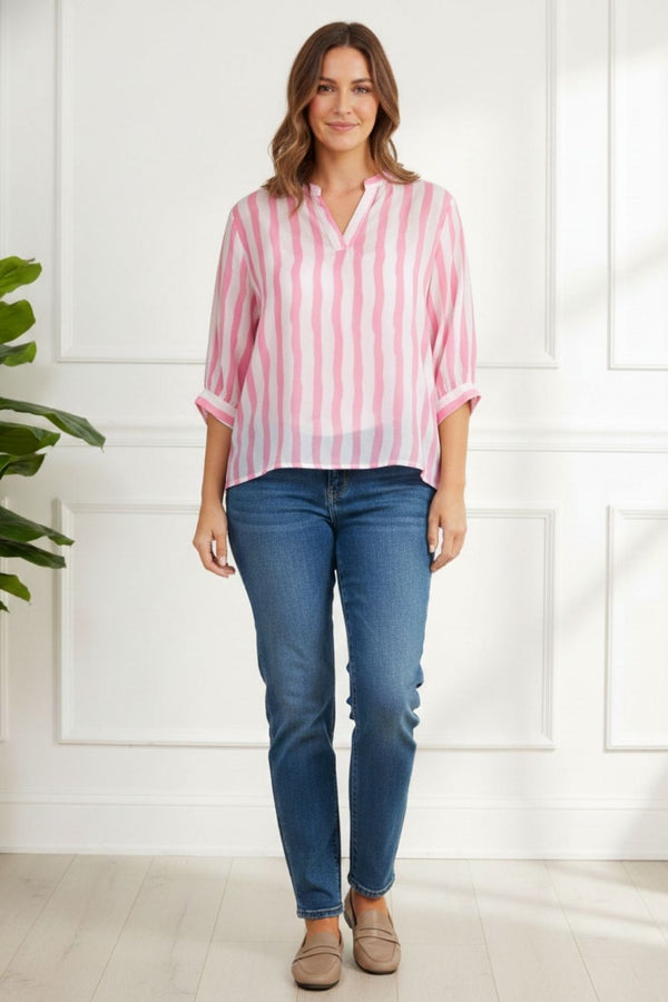 Striped 3/4 Sleeve Relaxed Shirt| PINK