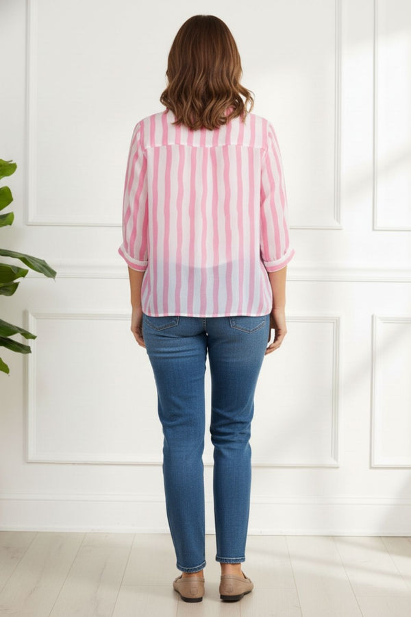 Striped 3/4 Sleeve Relaxed Shirt| PINK