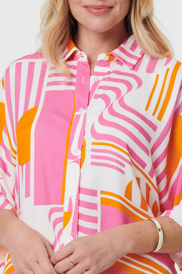 MULTI PINK | Abstract 3/4 Sleeve Relaxed Shirt