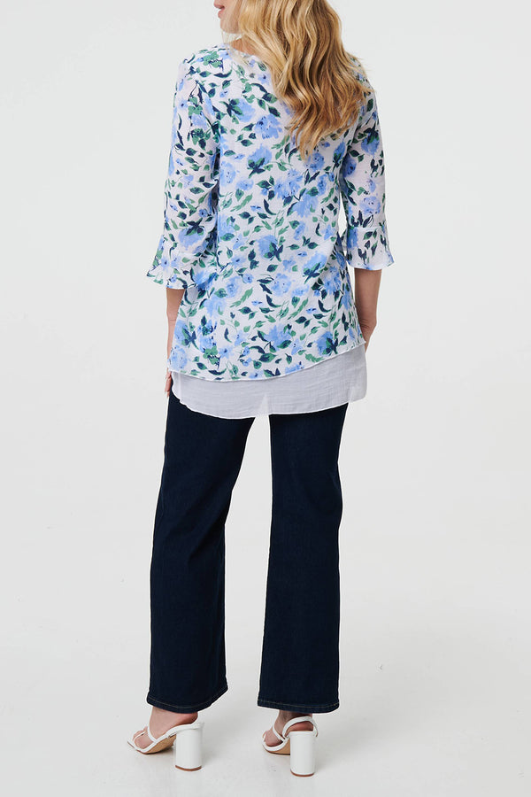BLUE | Floral Curve Hem Layered Tunic Blouse