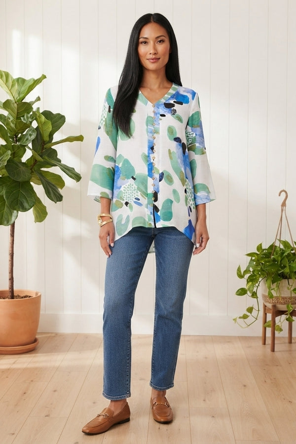 Printed 3/4 Sleeve Relaxed Tunic Shirt| MULTI_BLUE