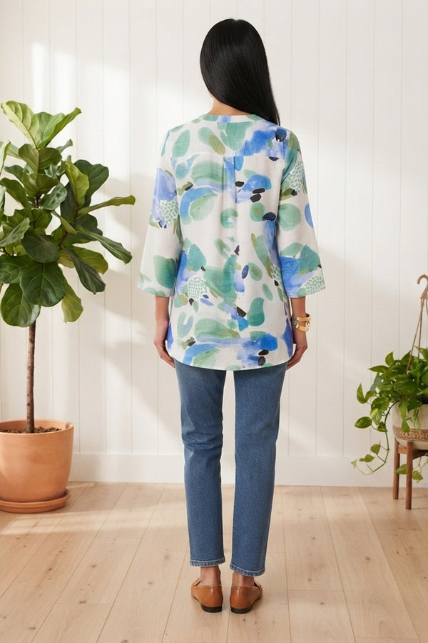 Printed 3/4 Sleeve Relaxed Tunic Shirt| MULTI_BLUE