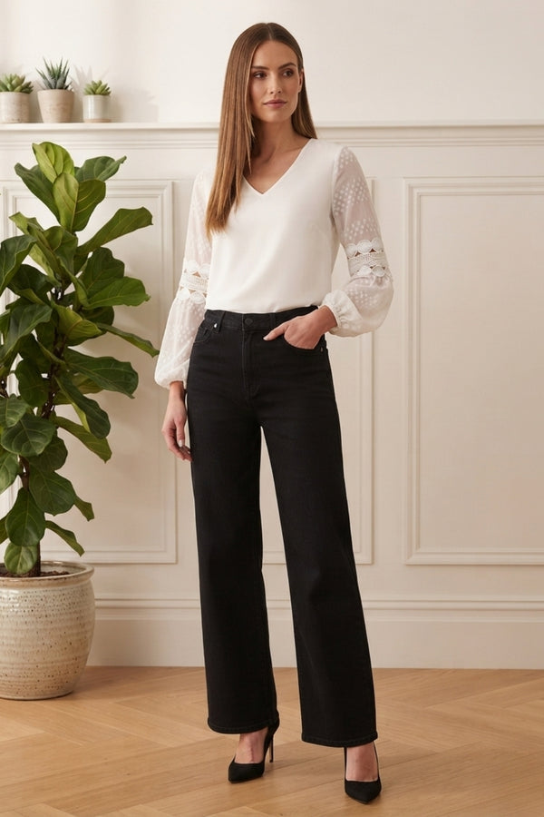 Sheer Lace Trim Balloon Sleeve Blouse| IVORY