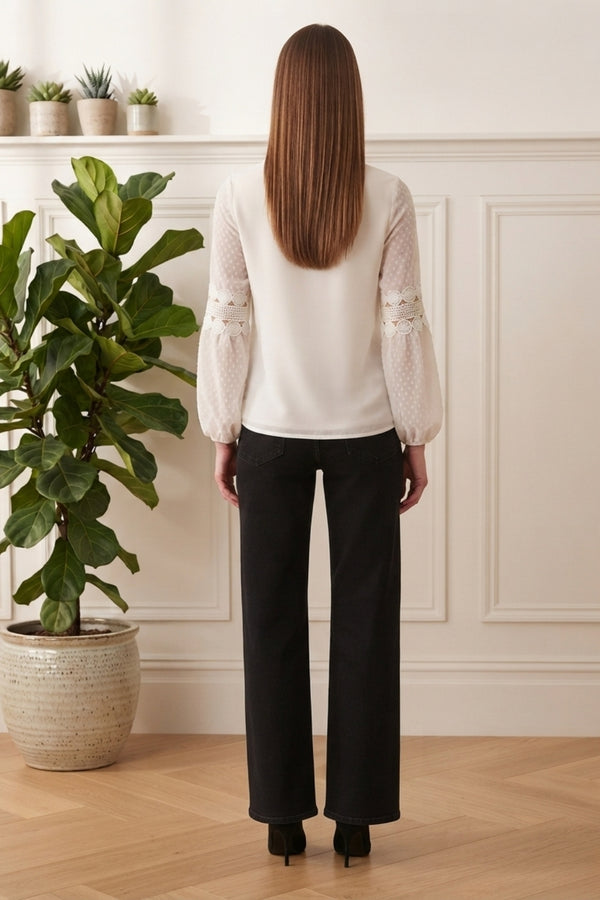 Sheer Lace Trim Balloon Sleeve Blouse| IVORY