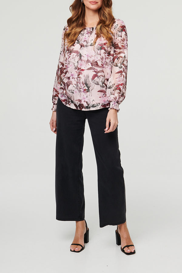 PINK / Floral Long Puff Sleeve Ruched Blouse