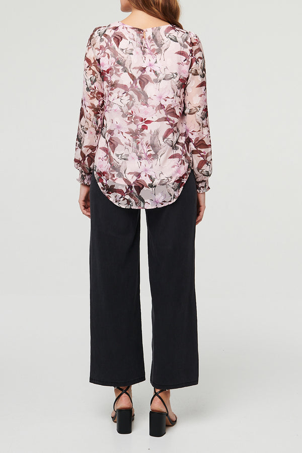 PINK / Floral Long Puff Sleeve Ruched Blouse