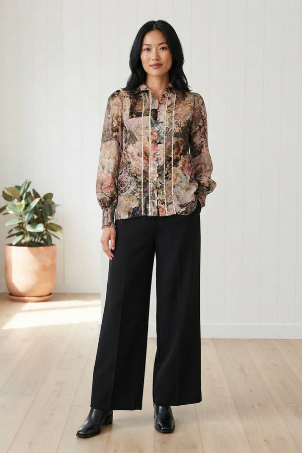 Floral Lace Trim Long Puff Sleeve Shirt| SAGE
