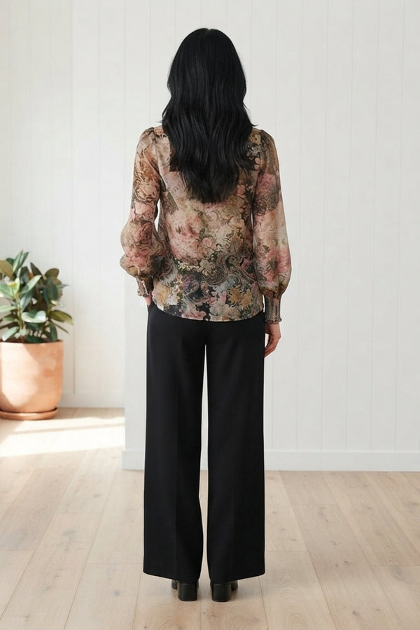 Floral Lace Trim Long Puff Sleeve Shirt| SAGE
