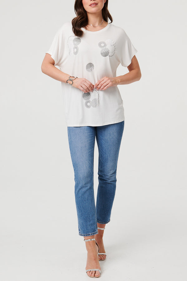 Sparkly Geo Print Short Sleeve T-Shirt| WHITE