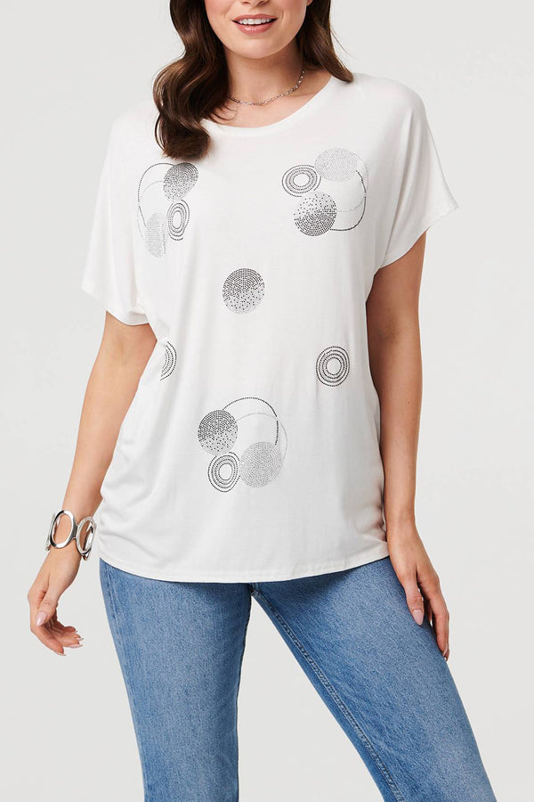 Sparkly Geo Print Short Sleeve T-Shirt| WHITE