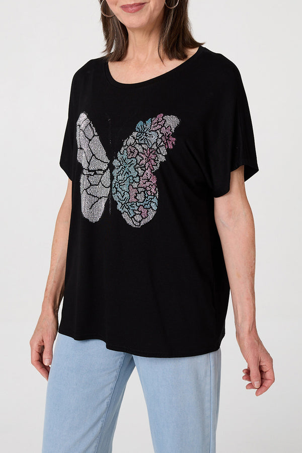 BLACK / Sparkly Butterfly Print Relaxed Top