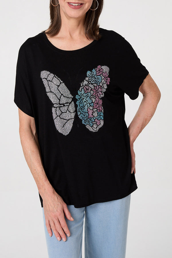 BLACK / Sparkly Butterfly Print Relaxed Top