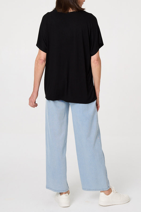 BLACK / Sparkly Butterfly Print Relaxed Top