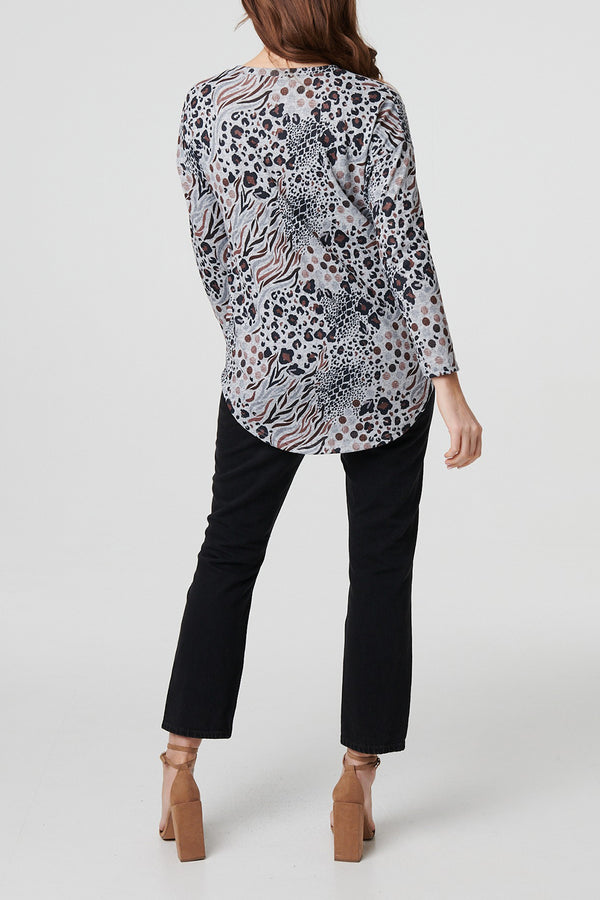 MULTI BEIGE | Animal Print Short Sleeve Curve Hem Top