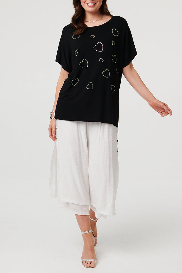 Sparkly Heart Detail Relaxed T-Shirt| BLACK