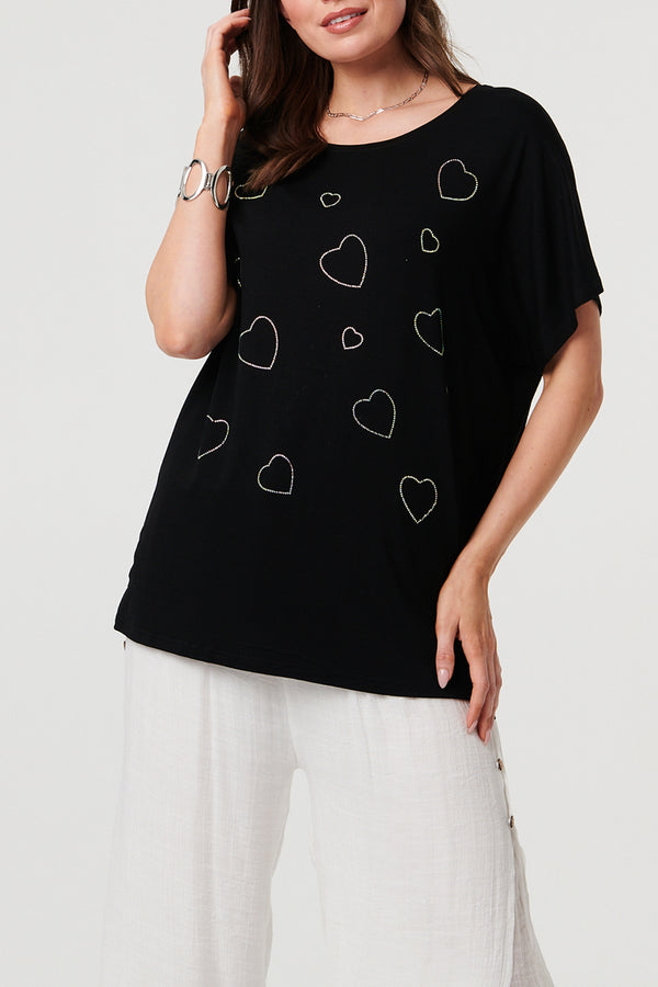 Sparkly Heart Detail Relaxed T-Shirt| BLACK