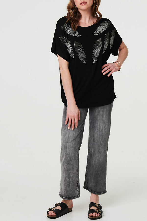 Sparkly Feather Print Relaxed T-Shirt| BLACK
