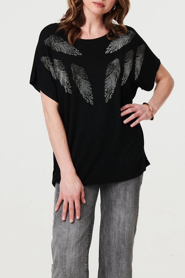 Sparkly Feather Print Relaxed T-Shirt| BLACK