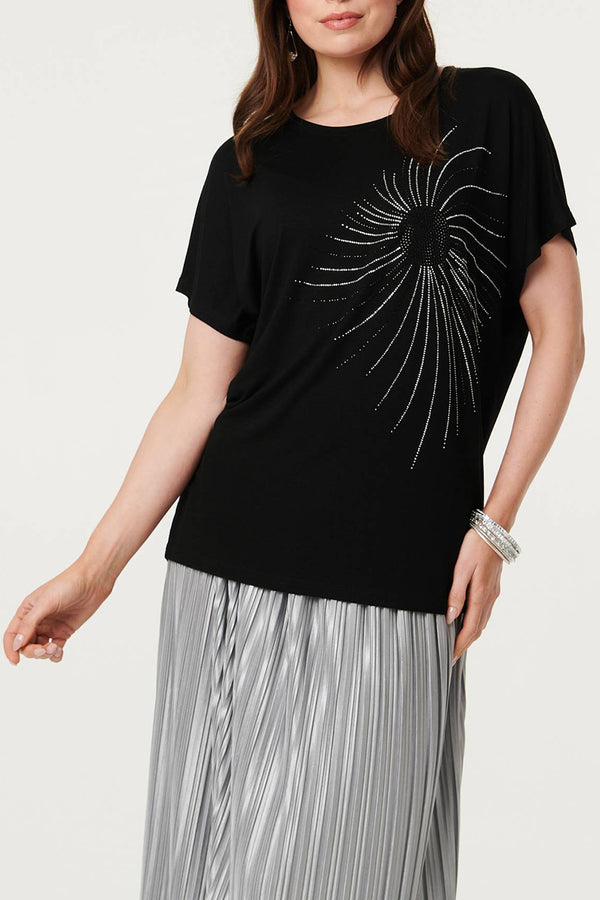 Sparkly Graphic Print Relaxed T-Shirt| BLACK