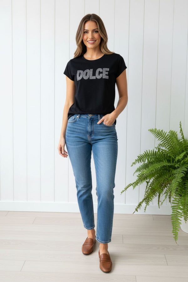 Sequin Dolce Print Short Sleeve T-Shirt| BLACK