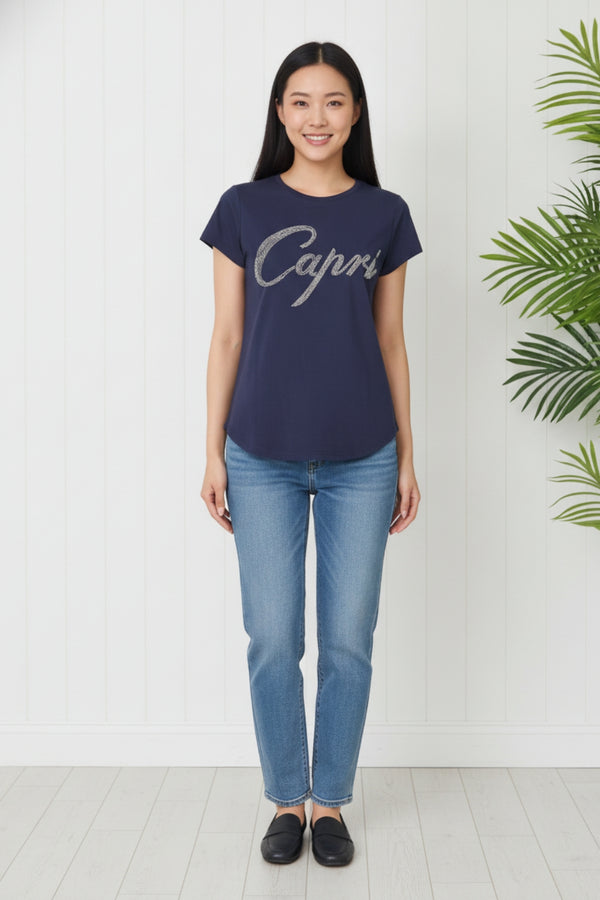 Embellished Graphic Print Capri T-Shirt| NAVY