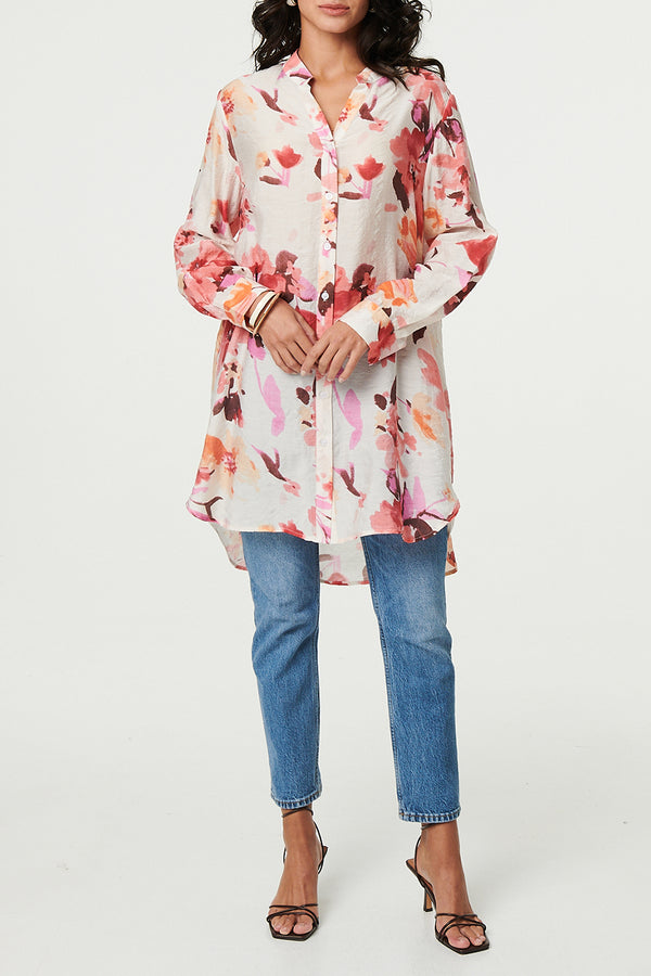MULTI PINK | Floral Longline Curve Hem Blouse