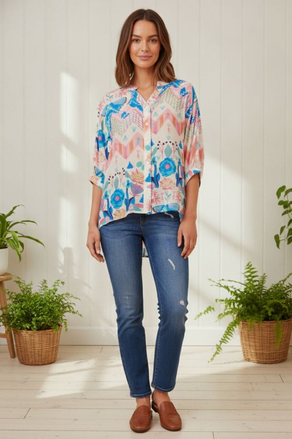 Printed 3/4 Sleeve Curve Hem Shirt | MULTI_WHITE