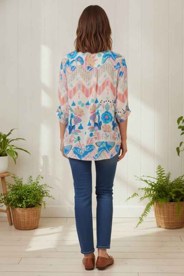 Printed 3/4 Sleeve Curve Hem Shirt | MULTI_WHITE