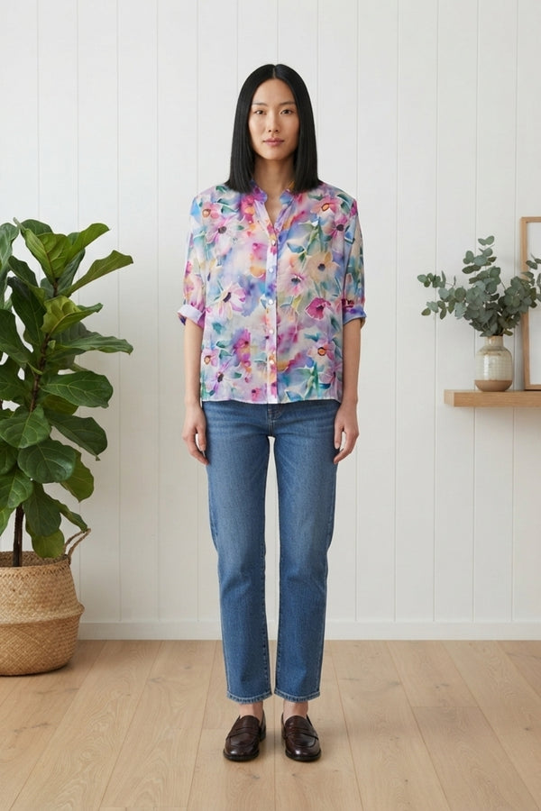 Floral V-Neck Relaxed 3/4 Sleeve Blouse| BLUE