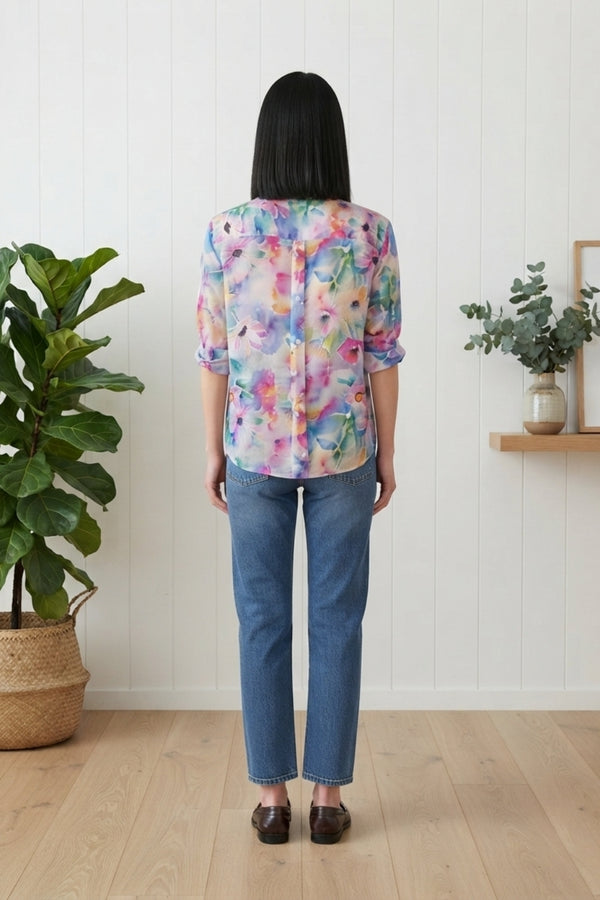 Floral V-Neck Relaxed 3/4 Sleeve Blouse| BLUE