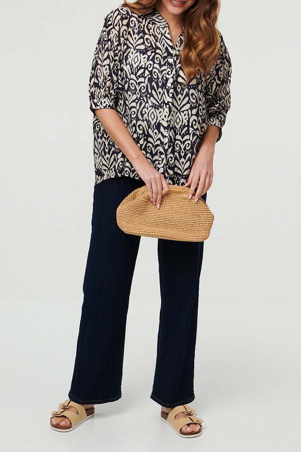 NAVY / Printed 3/4 Sleeve Button Detail Blouse