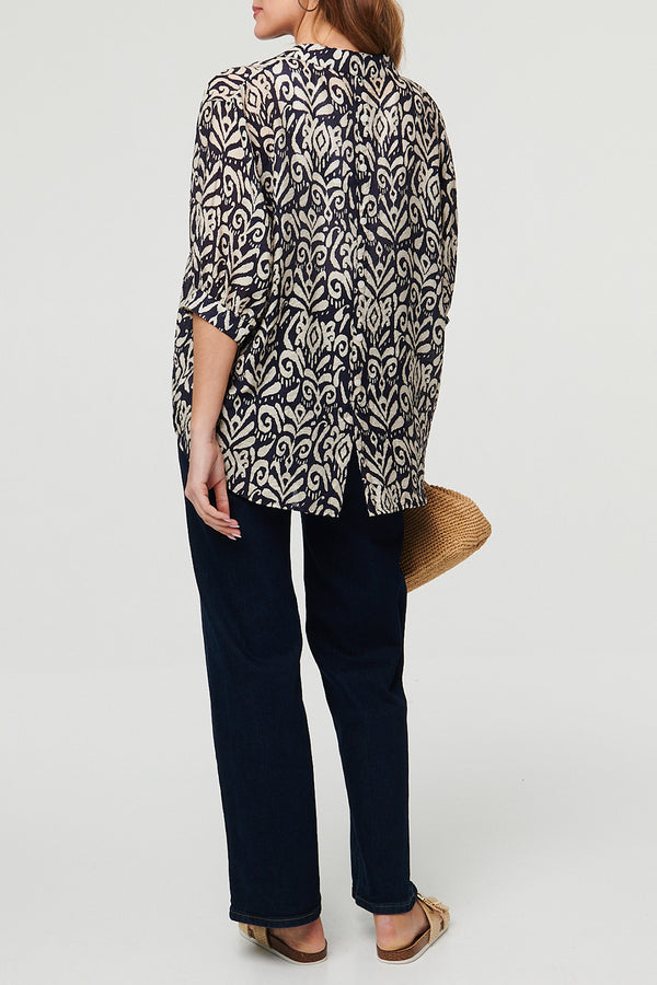 NAVY / Printed 3/4 Sleeve Button Detail Blouse