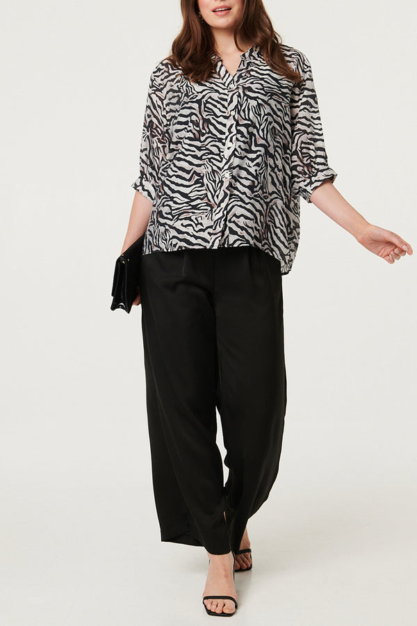 Animal Print 3/4 Sleeve Relaxed Blouse| WHITE BLACK
