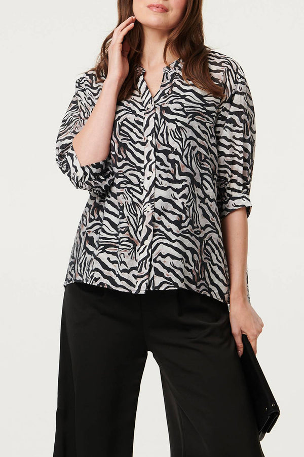 Animal Print 3/4 Sleeve Relaxed Blouse| WHITE BLACK