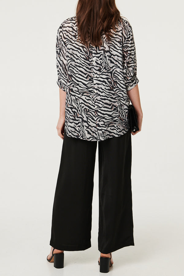 Animal Print 3/4 Sleeve Relaxed Blouse| WHITE BLACK
