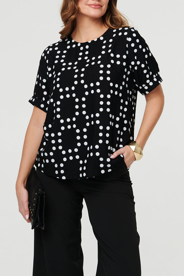 BLACK / Polka Dot Print Short Sleeve Relaxed Top