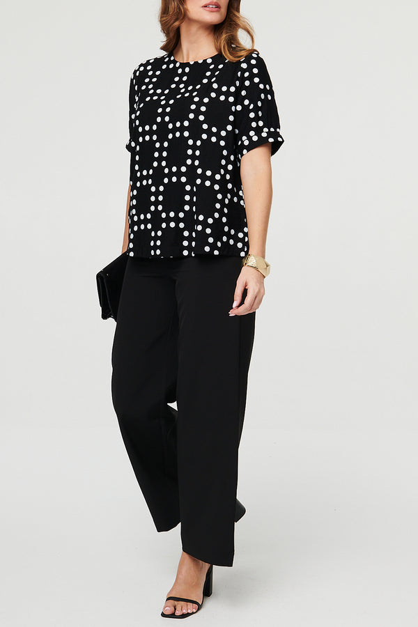 BLACK / Polka Dot Print Short Sleeve Relaxed Top